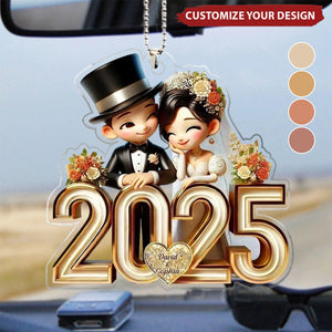 Happy Newlywed Cartoon Couple Personalized Car Ornament