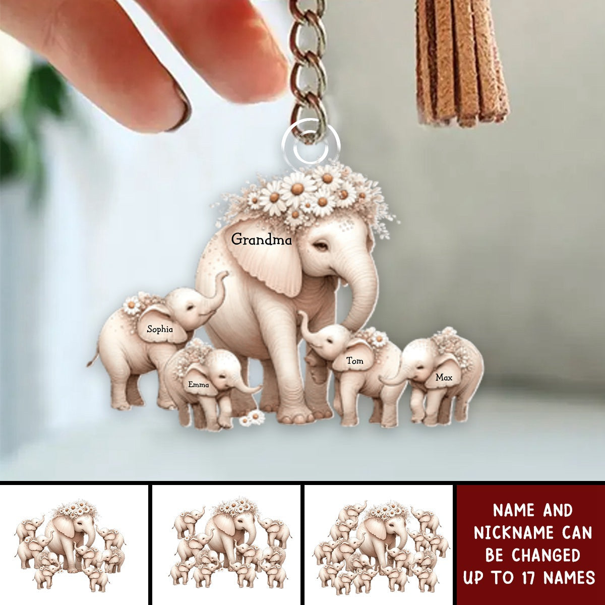 Personalized Acrylic Keychain - Elephant Grandma With Kids