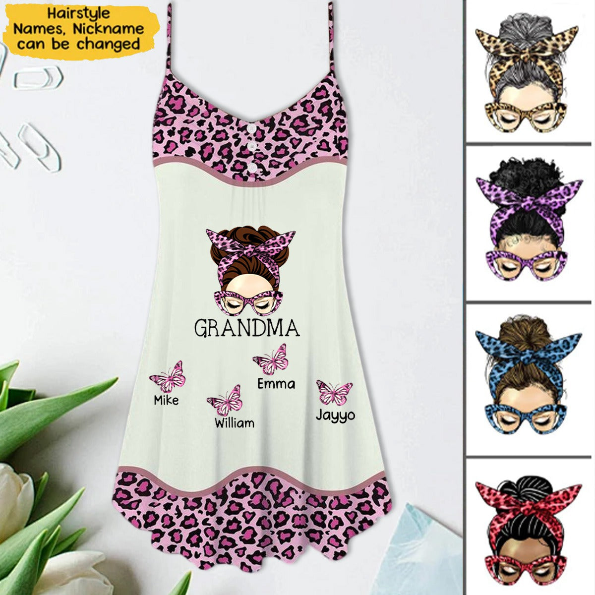 Leopard Messy Bun Grandma with Butterfly Grandkids Personalized Summer Dress