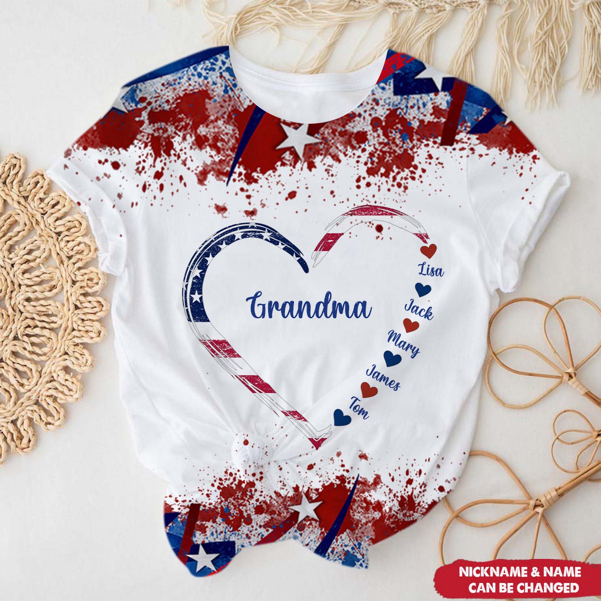 Heart With Kid Name Grandma 4th of July Personalized 3D T-Shirt