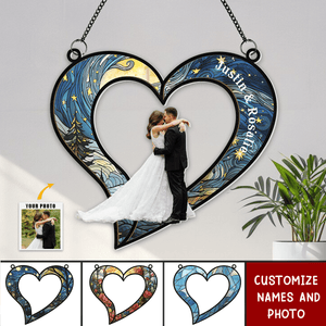 Couples Heart Love Anniversary Gifts - Personalized Photo Window Hanging Suncatcher Ornament