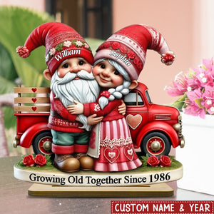 3D Effect Dwarf Old Couple And Valentine Truck Personalized 2-Layer Standing Wooden Plaque