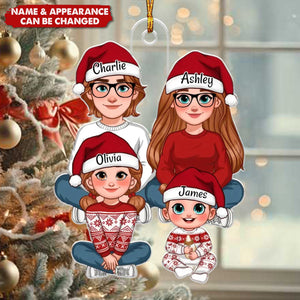 Animated Family Sitting Together Christmas Personalized Acrylic Ornament