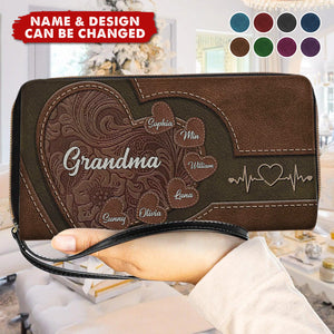 Hold My Hand, Hold My Heart - Family Personalized Custom Leather Long Wallet - Mother's Day, Gift For Mom, Grandma