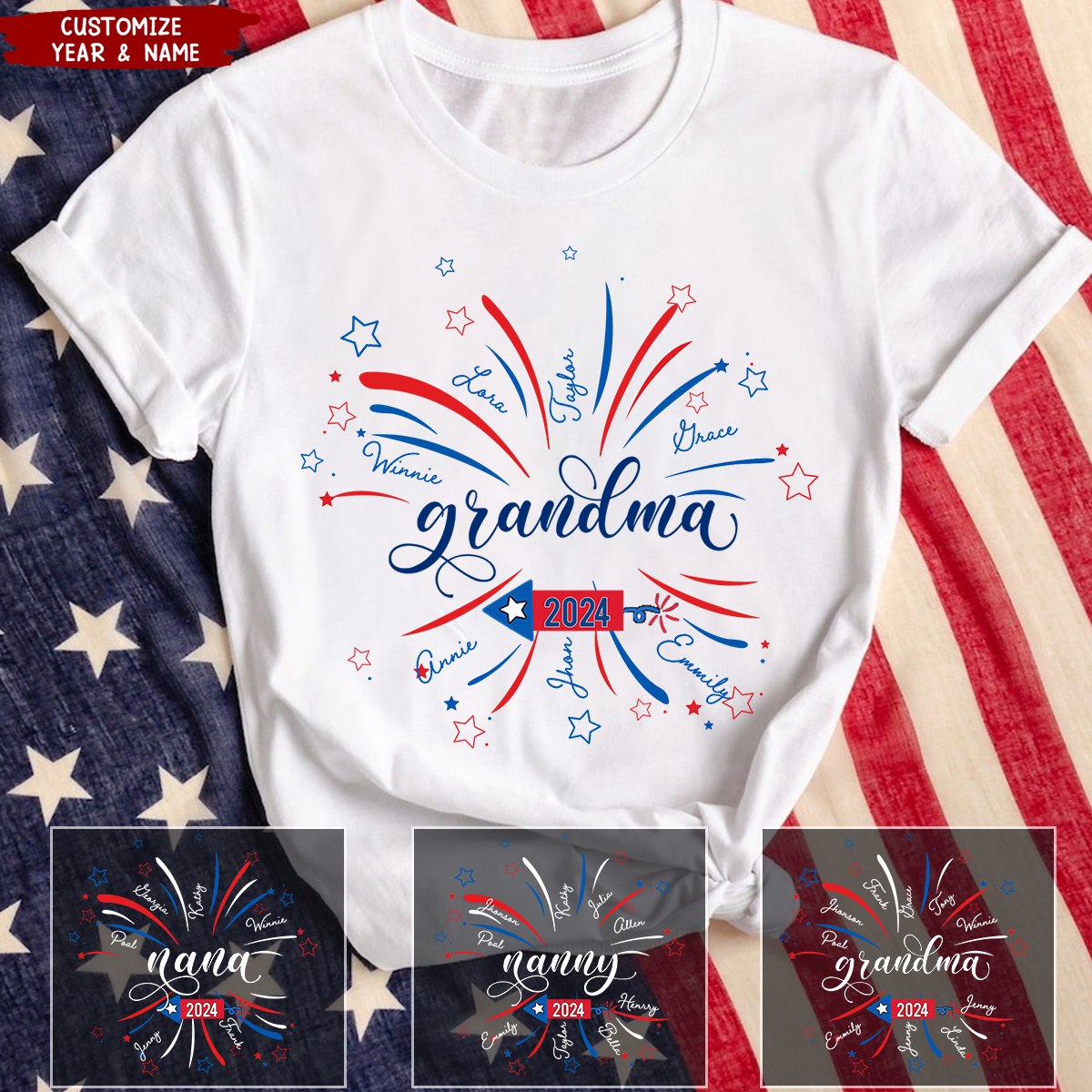Grandma Firework Est Star And Grandkids 4th of July Personalized T-Shirt