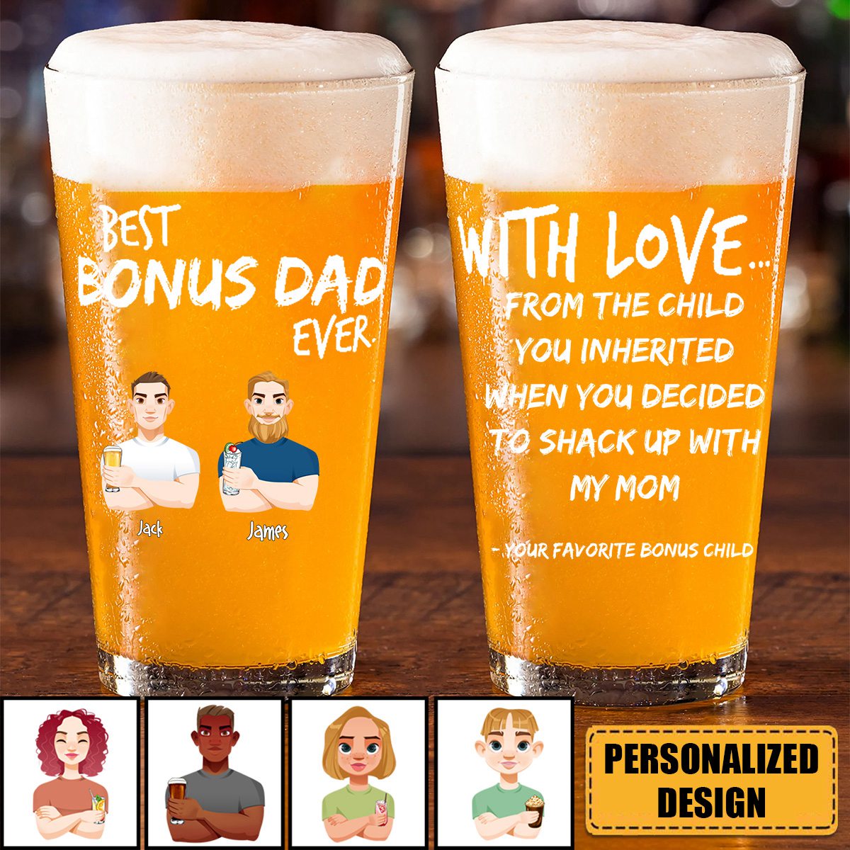 Father's Day Gift With Love Best Bonus Dad Ever - Personalized Beer Glass