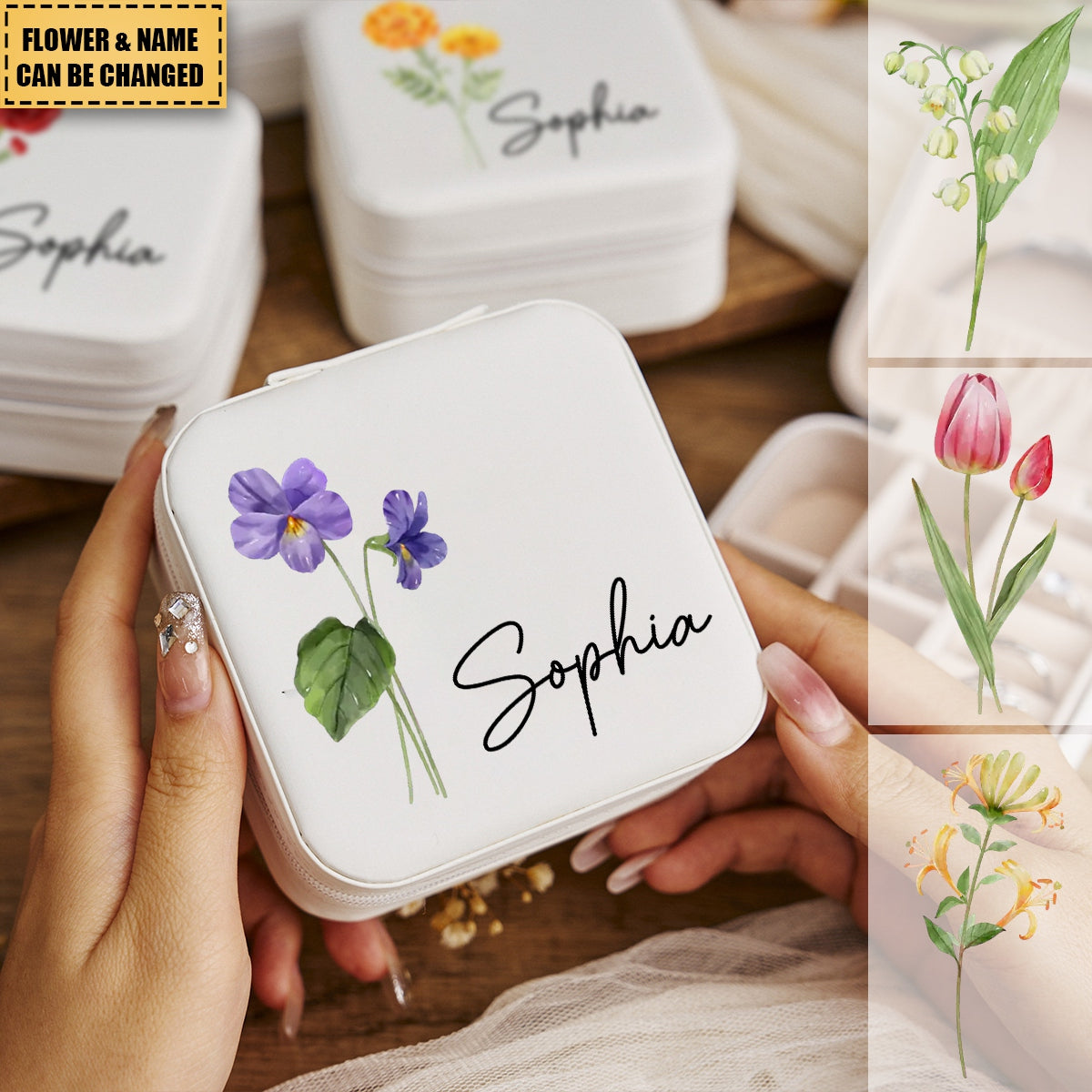 Custom Name Birth Flower Travel Jewelry Case, Personalized Jewelry Box, Travel Accessories, Christmas/Birthday Gifts for Bridesmaid /Mom/Wife