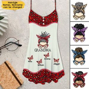 Leopard Messy Bun Grandma with Butterfly Grandkids Personalized Summer Dress