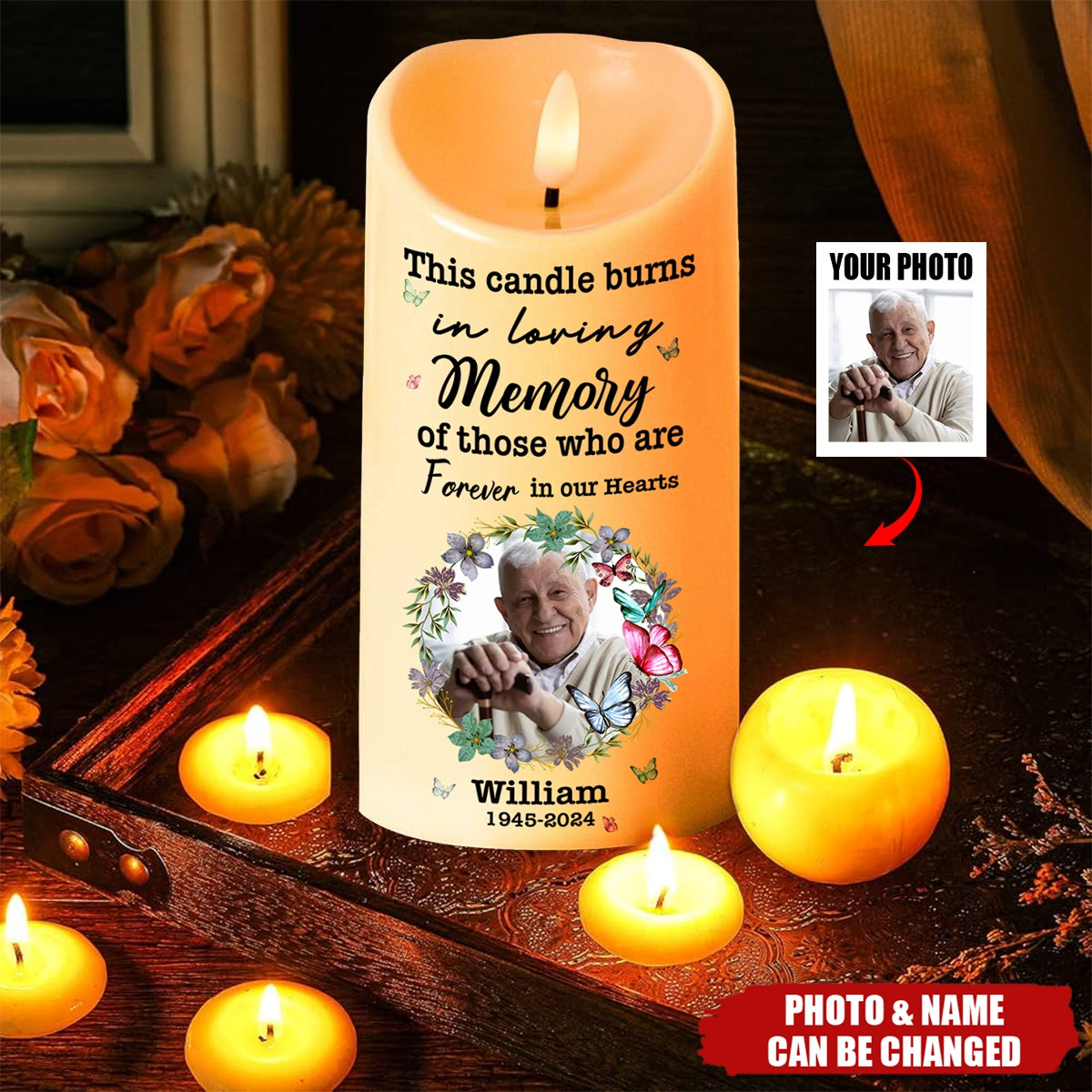 This Candle Burns In Loving Memory - Memorial Personalized Photo LED Candle