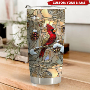 Stained Glass Cardinal Personalized Tumbler, Gift For Cardinal Lover