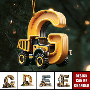 Construction Vehicle Letter Flat Ornament, Initial Letter Truck Tractor Kid, Grandkid Boy Girl Ornament Christmas Gift for Kid Grandkid