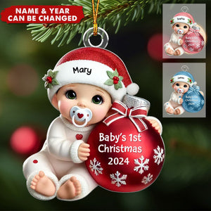 Baby Beside Christmas Bauble 3D Effect Baby's First Christmas Personalized Acrylic Flat Ornament