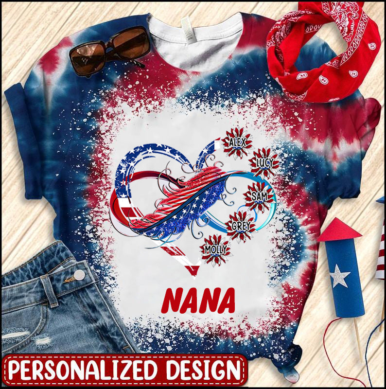 Independence Day Grandma Mom Personalized Family Heart Infinity July 4th Gift Tshirt