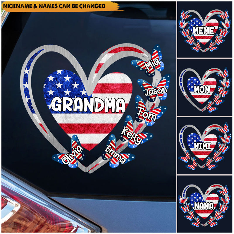 Grandma, Mom, Nana Heart Butterfly Kids American Flag Personalized Decal