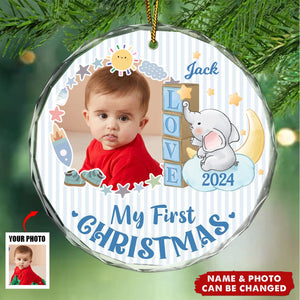 Custom Photo First Christmas Elephant Star - Personalized Circle Glass Ornament