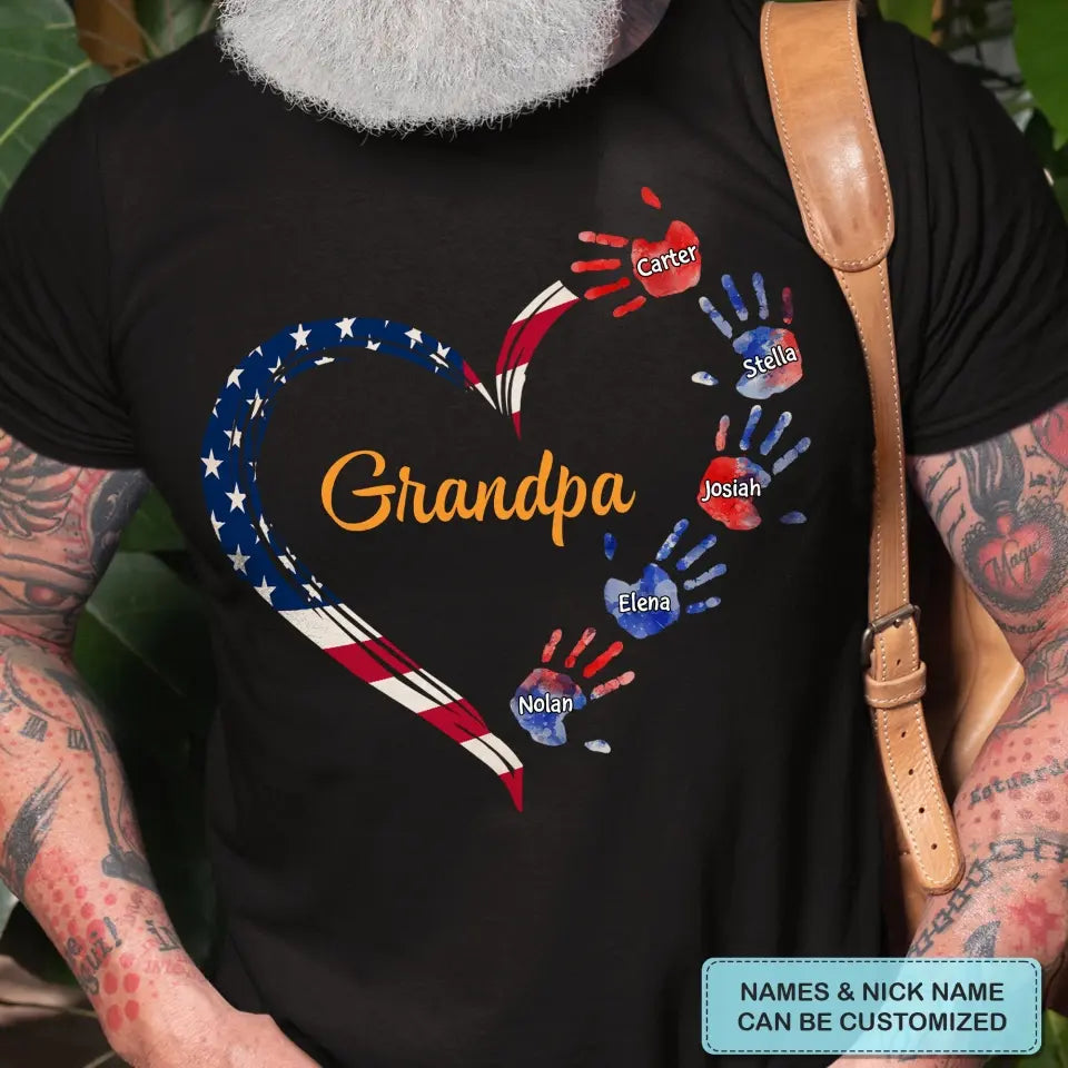 Personalized Custom T-Shirt - 4th July - Gift For Dad, Grandpa - Grandpa Grandma Heart Kid Hands