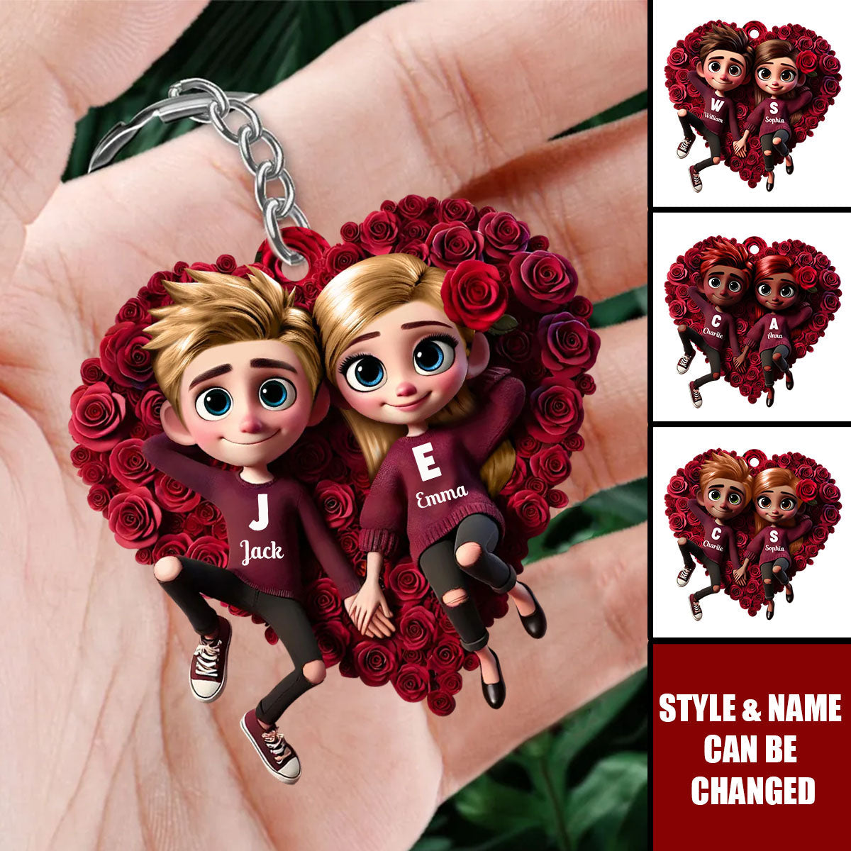 Rose Heart Couple Personalized Acrylic Keychain, Valentine's Day Gift for her, Gift for him