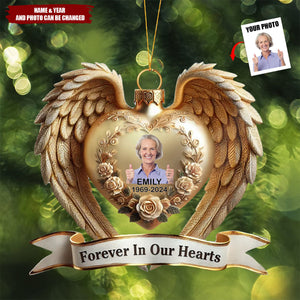 Forever In Our Hearts Angel Wings Photo Upload Memorial Keepsake 3D Effect Personalized Acrylic Flat Ornament