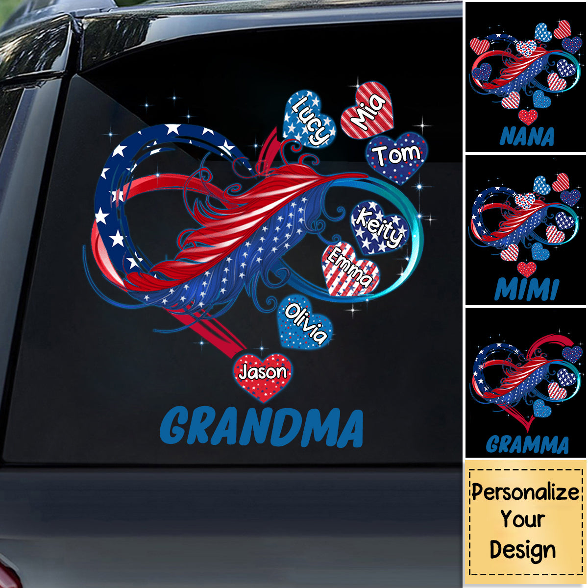Independence Day Grandma Mom Custom Names Family Heart Infinity July 4th Gift Decal