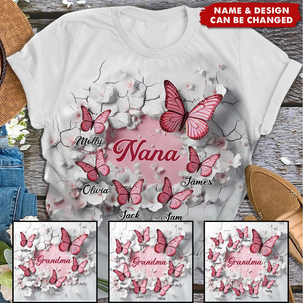 3D Effect Crack In A Wall Pink Butterflies Personalized 3D T-shirt Gift For Grandma/Mom