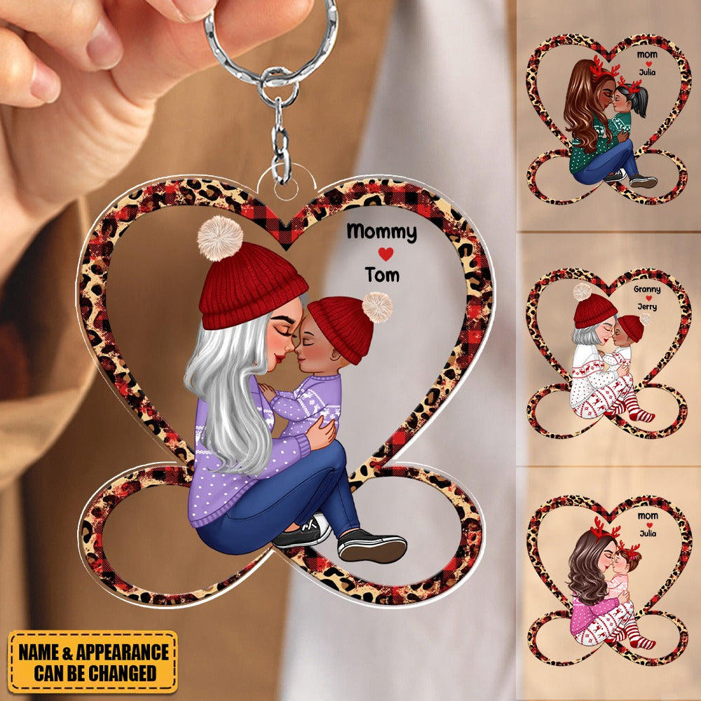 Grandma Mom Holding Kid Sitting On Heart Infinity Personalized Acrylic Keychain