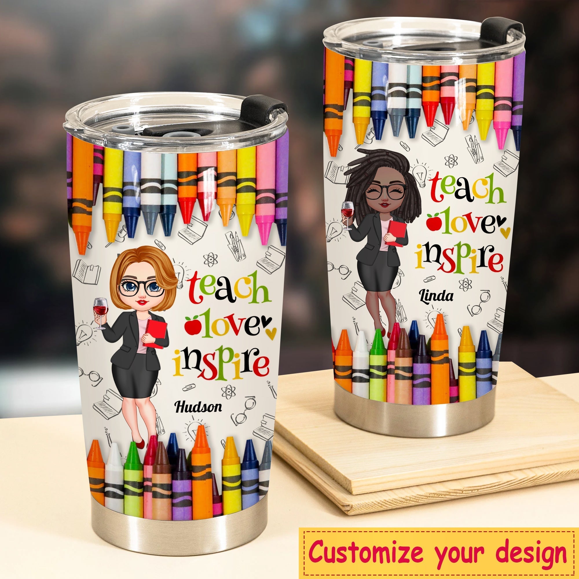 Colorful Crayon Teach Love Inspire Cute Pretty Doll Teacher Personalized Glitter Tumbler