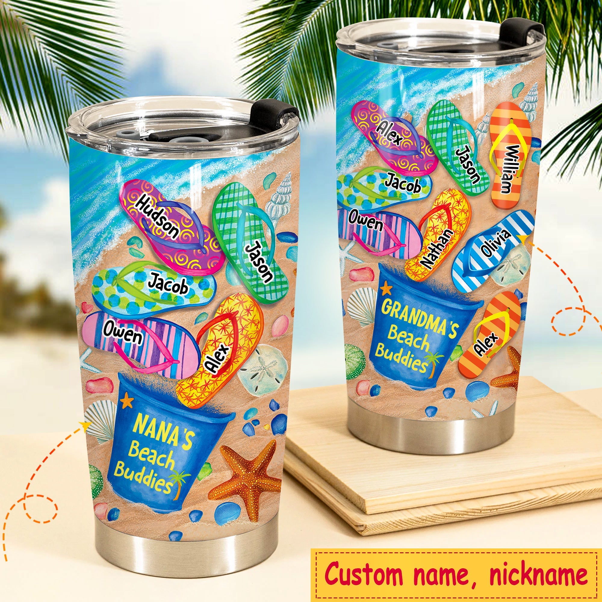 Nana's Beach Buddies Summer Flip Flop Personalized Glitter Tumbler