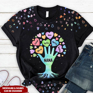 Tree of Grandma Hand and Cute Colorful Sweetheart Grandkids Personalized 3D T-shirt