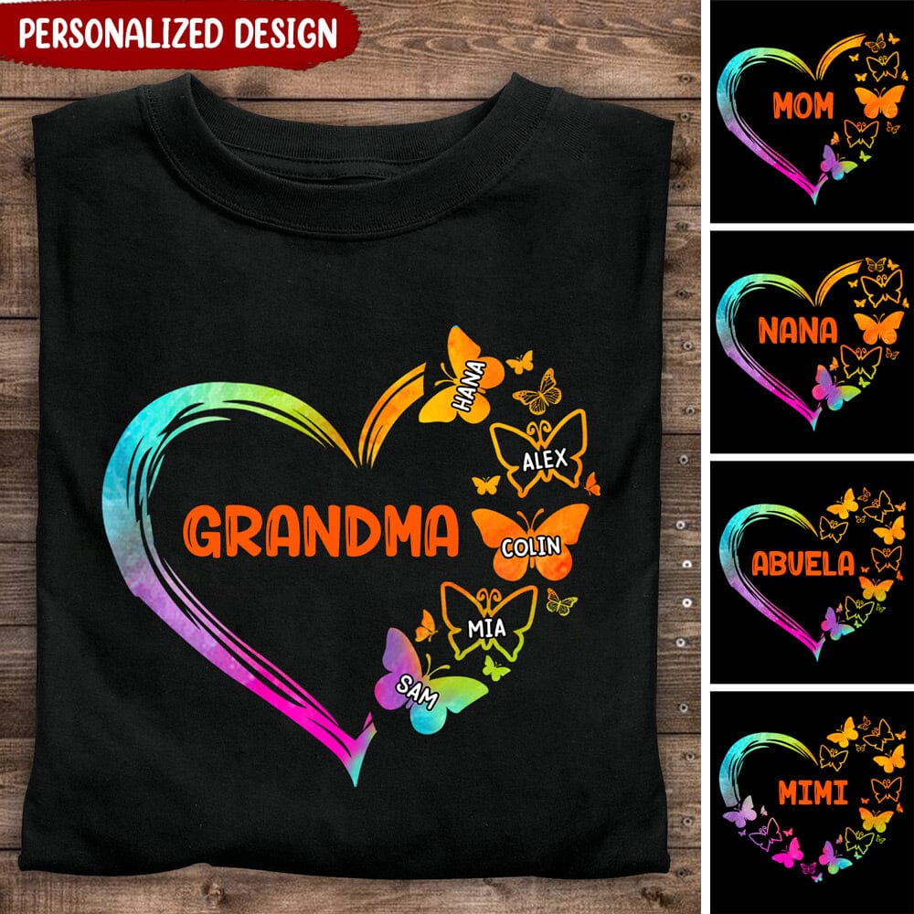 Colorful Rainbow Heart Grandma Auntie Mom Butterfly Kids Personalized T-shirt