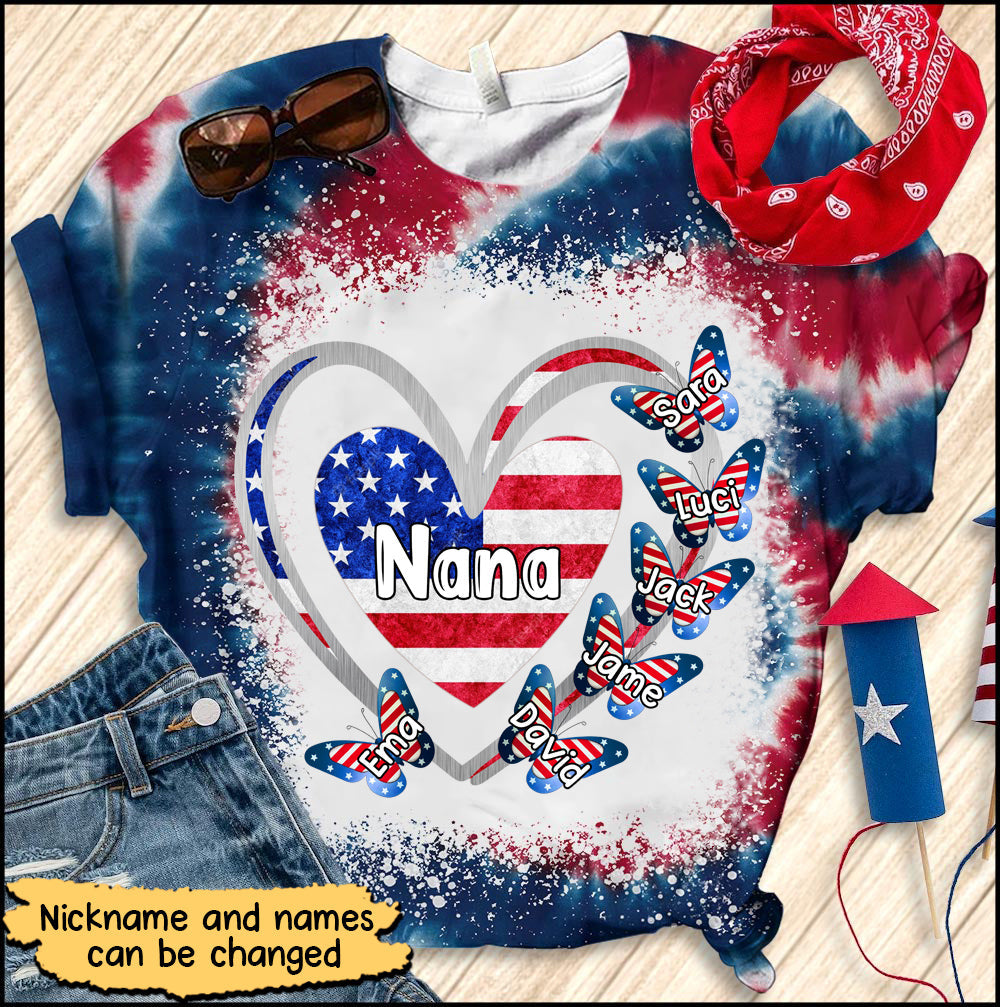 Grandma, Mom, Nana Heart Butterfly Kids American Flag Personalized 3D T-Shirt