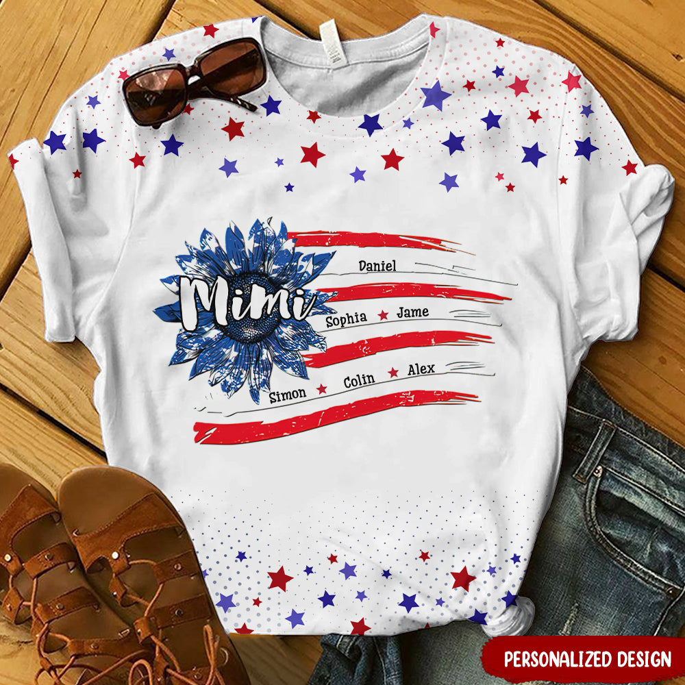 Personalized Mimi Mom Kids Sunflower American Flag 3D T-shirt