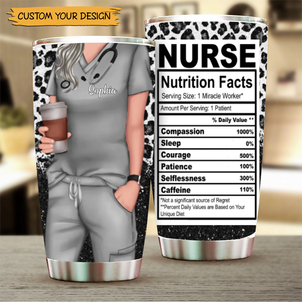 Nurse Life Nutrition Facts - Personalized Tumbler Cup - Gift For Doctor & Nurse - Glitter Leopard Design