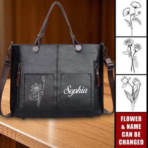 Personalized Name Birthday Flower Leather Hobo Shoulder Bag Crossbody Handbag