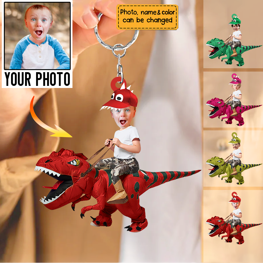 Personalized Cute Kid Rides Dinosaurus Acrylic Keychain