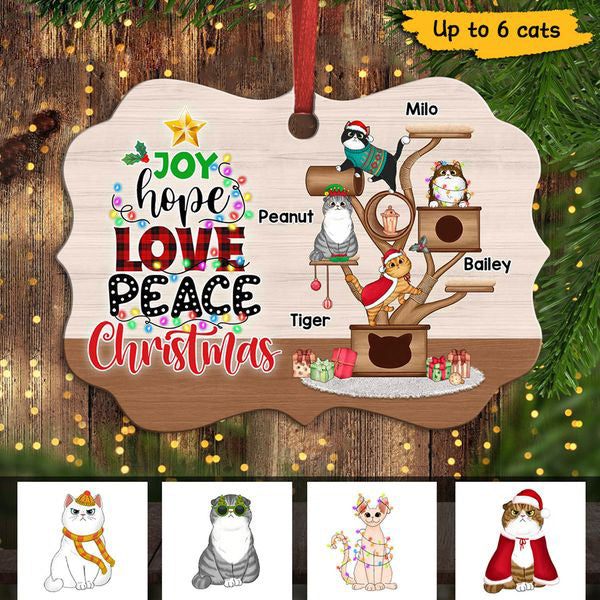 Joy Peace Hope Fluffy Cat Tower Personalized Christmas Ornament