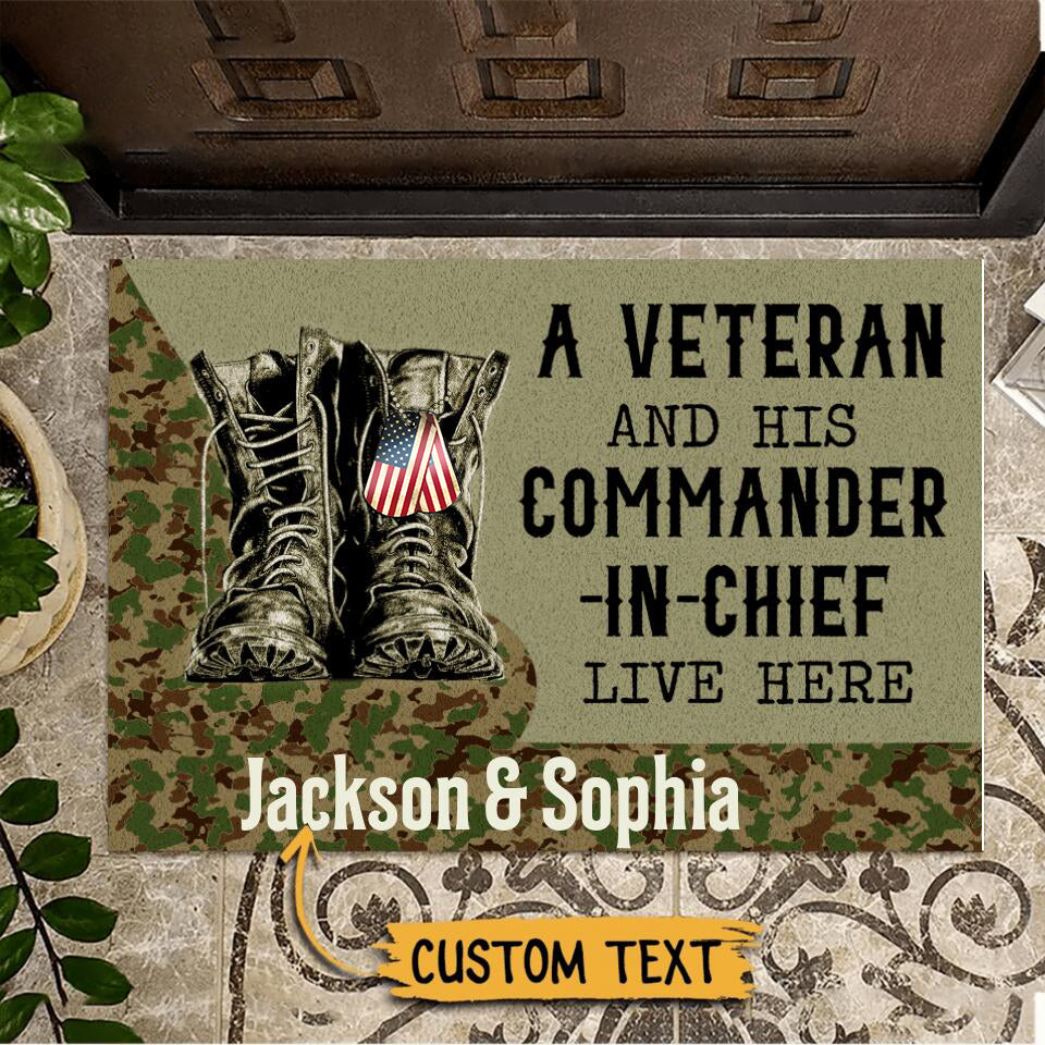 PERSONALIZED US VETERANS AND HIS COMMANDER IN CHIEF LIVE HERE DOORMAT