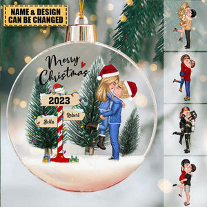 Winter Couple Hugging Kissing In The Snow Personalized Christmas Ball Ornament