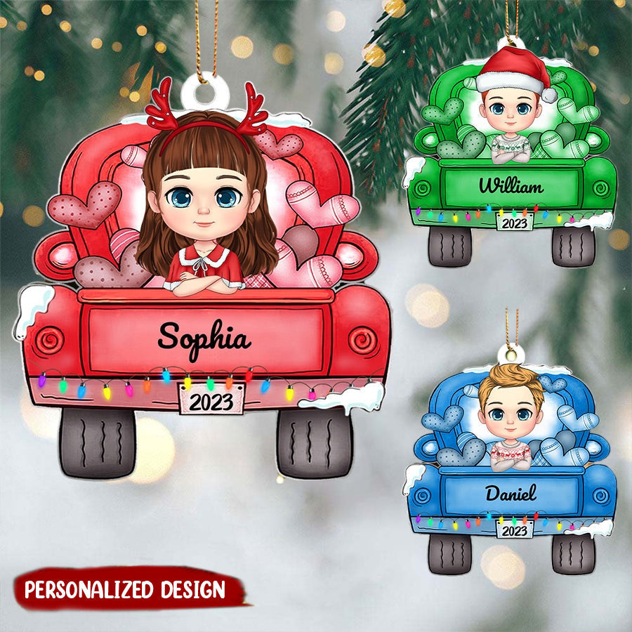 Personalized Cute Grandkids Christmas Truck Ornament