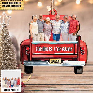 Red Truck Christmas Custom Photo Family Friends - Personalized Wooden Photo Ornament