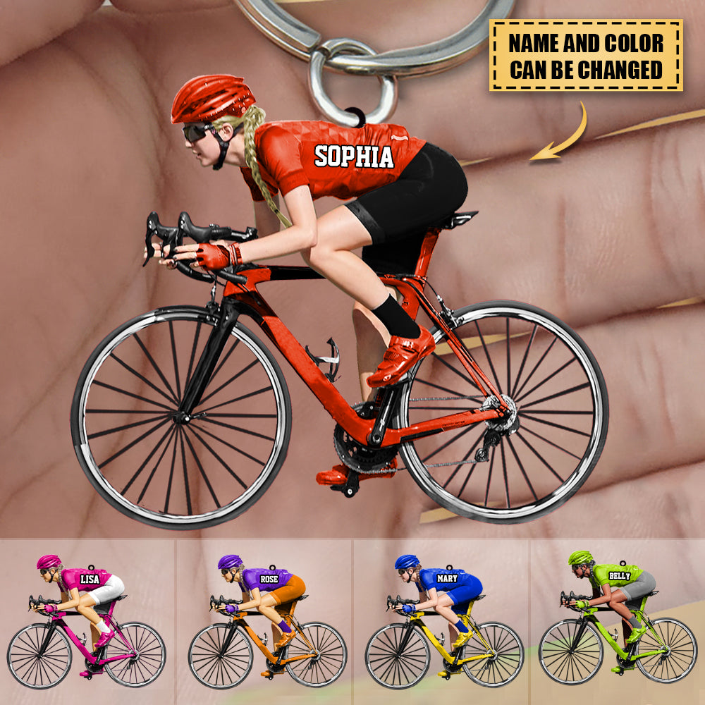 Personalized Mountain Biking Keychain Custom Name Acrylic Flat Keychain For Female Biker