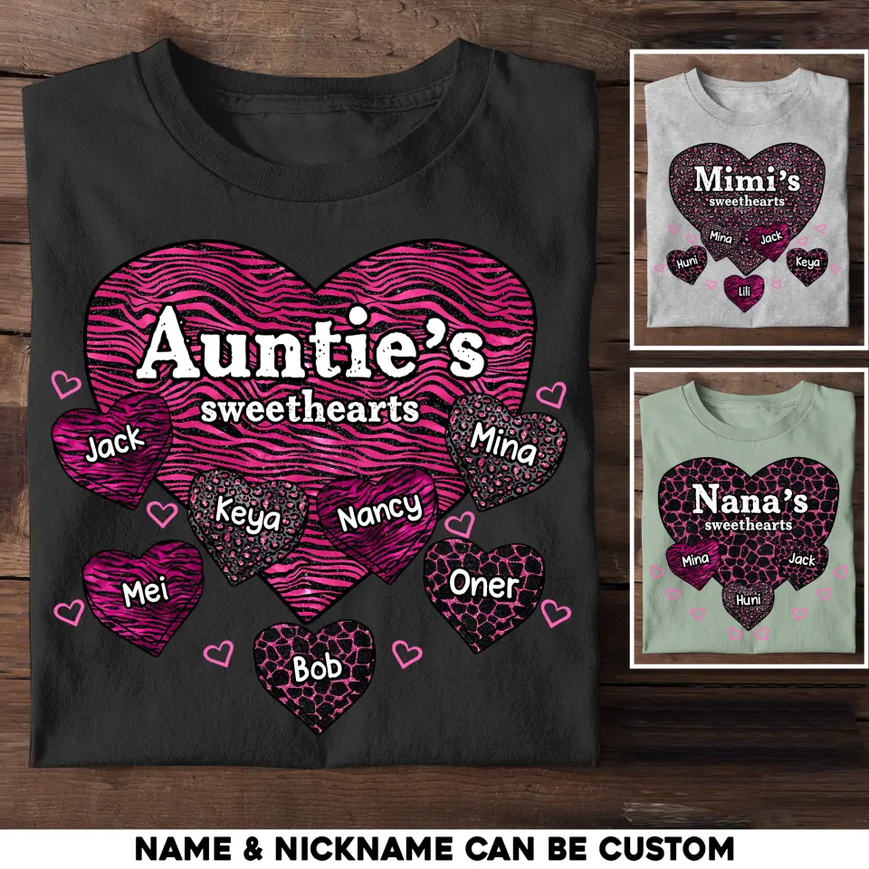 Personalized Grandma Nana Aunt's Sweethearts Kid Name Heart Tshirt