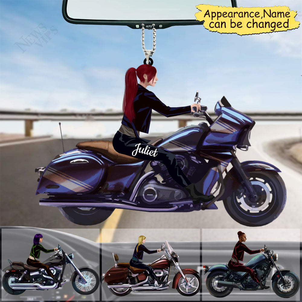 Personalized Riding Motorcycle Flat Car Ornament - Gift For Female Bikers