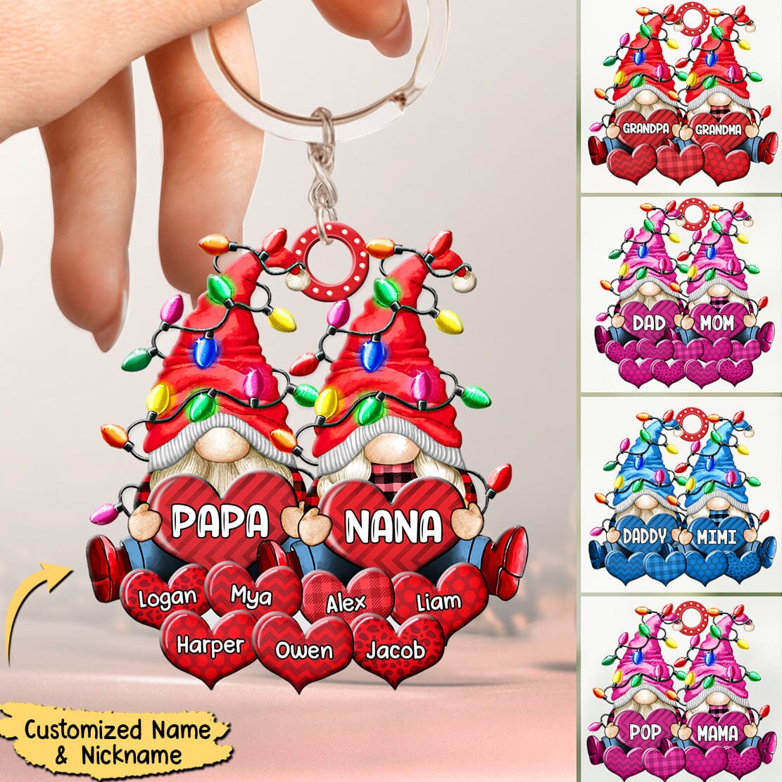 Colorful Christmas Light DWARF Couple Papa Grandma Loves Sweet Heart Kids Personalized Acrylic Keychain