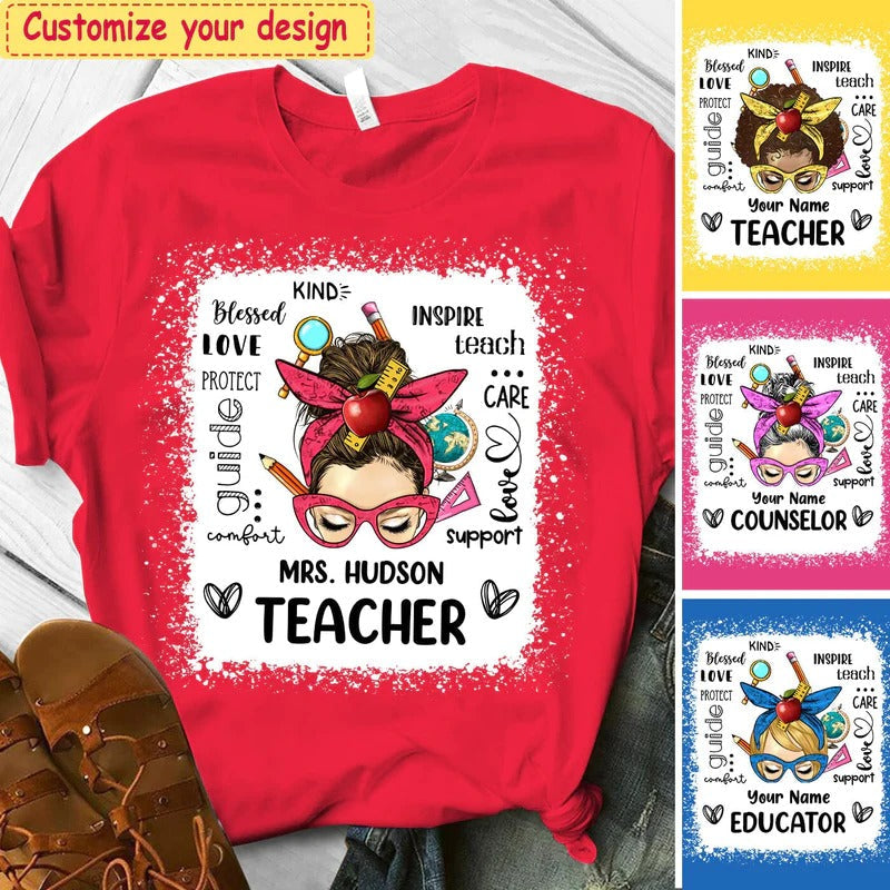 Messy Bun Teacher Typography Personalized T-shirt