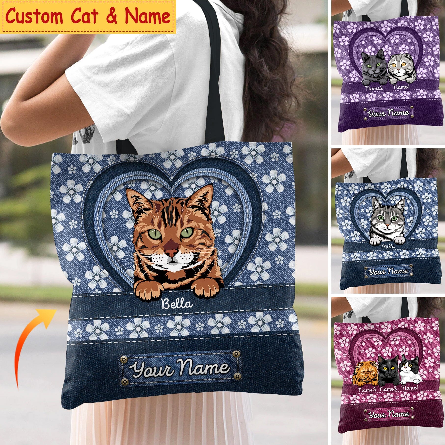 Personalized Flower Denim Pattern Cute Cat Kitten Pet Tote Bag Gift for cat lovers