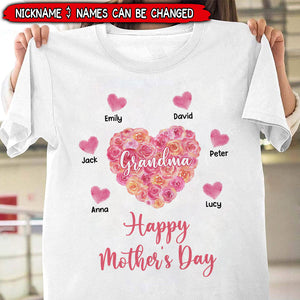 Sweet Pinky Flower Mom Grandma heart Kids, Happy Mother's Day Personalized Shirt