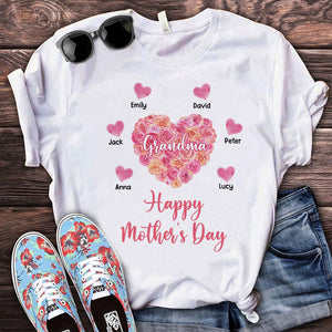 Sweet Pinky Flower Mom Grandma heart Kids, Happy Mother's Day Personalized Shirt