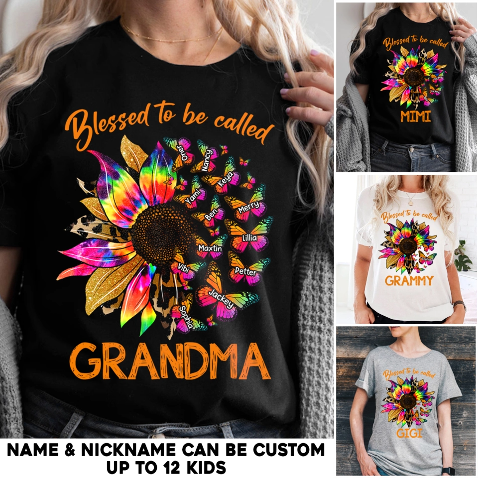 Personalized Blessed To Be Called Grandma Sunflower & Kid's Name T-shirt