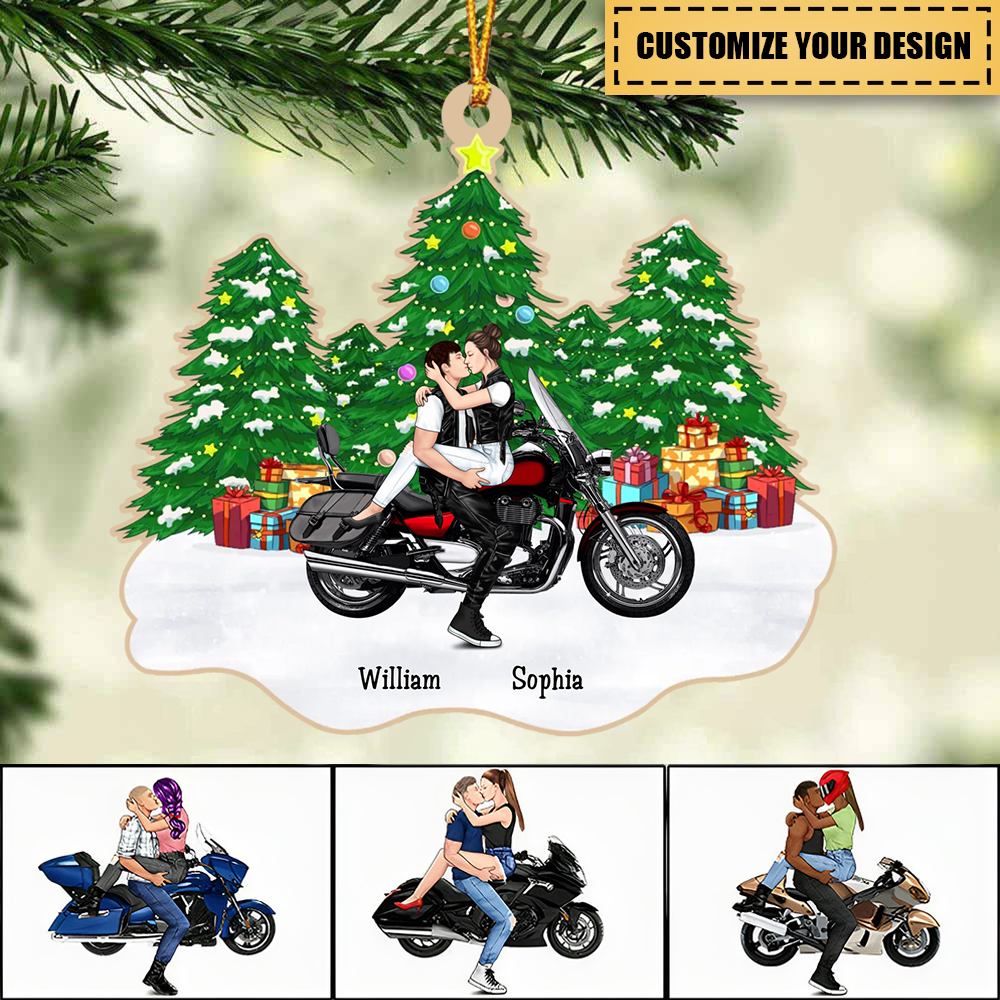 Kissing Couple - Personalized Biker Motorcycle Christmas Ornament, Custom Motorcycle Couple Ornament, Biker Lover Shaped Christmas Gift Ornament